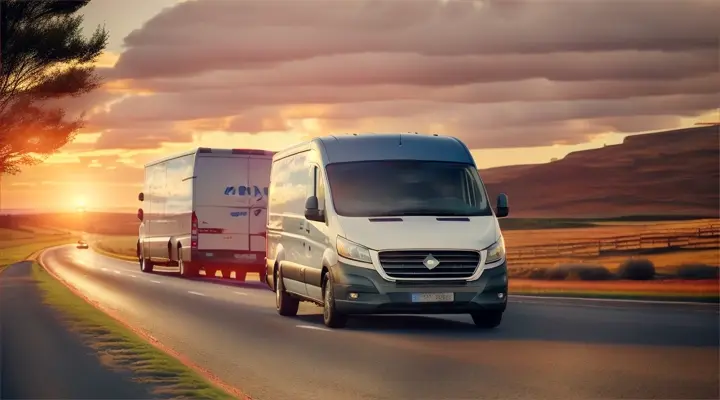 Transport van on the road delivering goods against sunset blue sky background. Commercial van is delivering cargo to countryside	