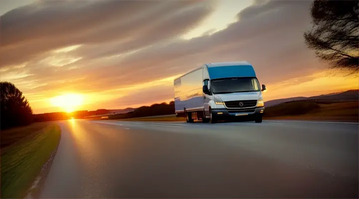 Transport van on the road delivering goods against sunset blue sky background. Commercial van is delivering cargo to countryside	