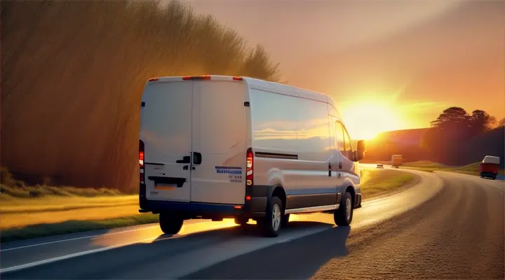 Transport van on the road delivering goods against sunset blue sky background. Commercial van is delivering cargo to countryside	