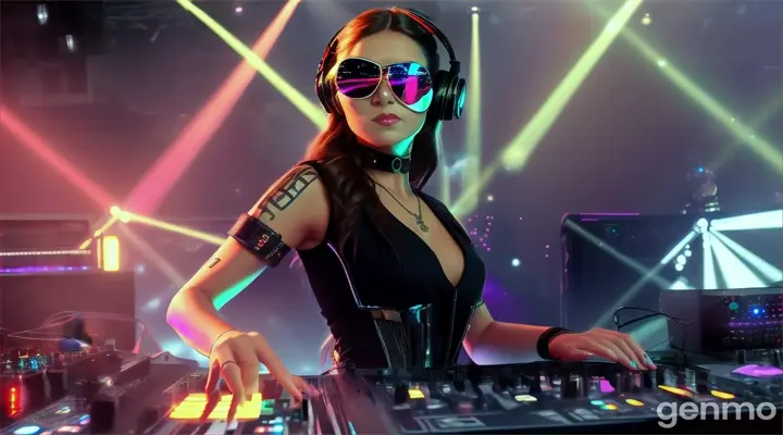 Music concert. Female DJ on stage. Slender woman with larger than usual bust, wearing steampunk sunglasses, standing near DJ mixing console and electric piano in club. Direct laser beams of bright colors against large TV screens.