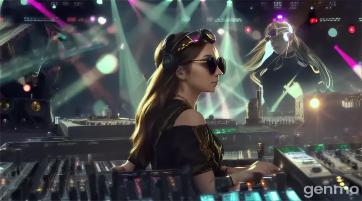 Music concert. Female DJ on stage. Slender woman with larger than usual bust, wearing steampunk sunglasses, standing near DJ mixing console and electric piano in club. Direct laser beams of bright colors against large TV screens.