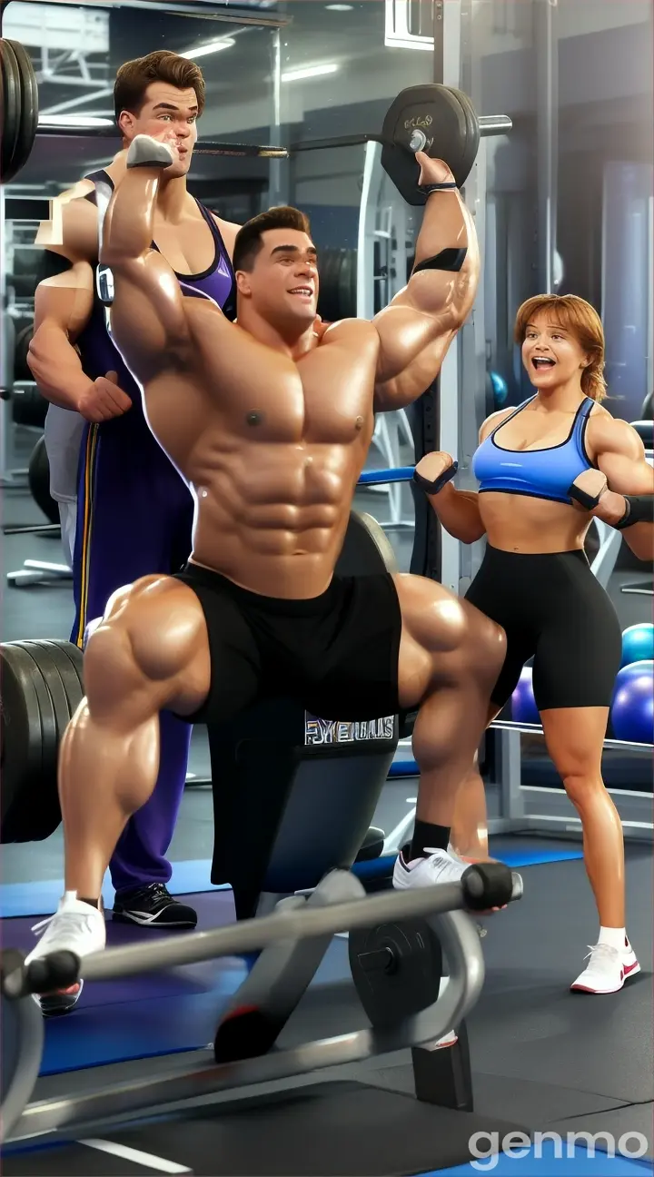 "A humorous gym scene where a muscular young man, showing off, attempts to lift heavy weights but ends up falling flat on his face. The woman nearby is watching with a mix of surprise and amusement, clearly enjoying the funny moment. The background is filled with gym equipment, people looking shocked, and mirrors reflecting the comedic mishap." Cartoon animation 3D 