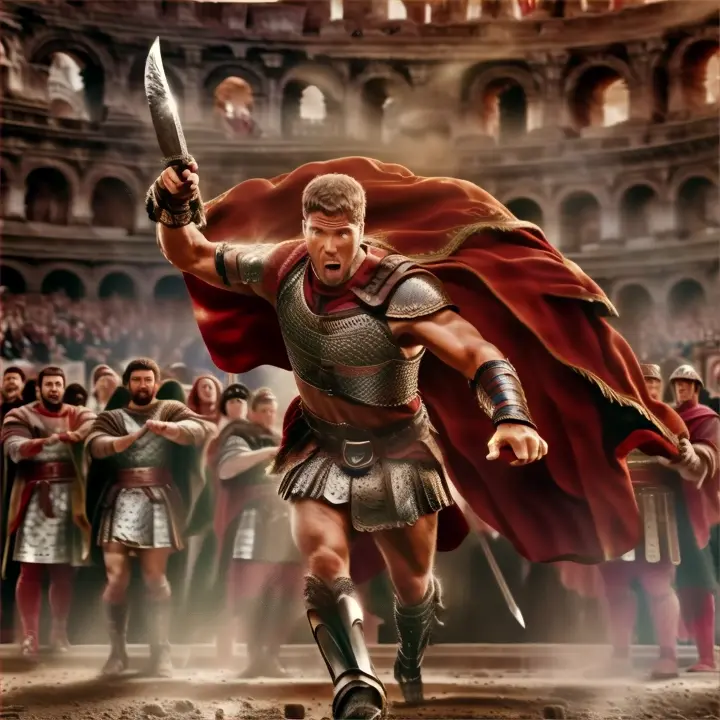 A magnificient Rome gladiator enters the arena.He has sword and shield.the audience salutes him. , advertising style