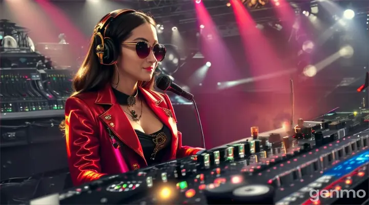 Music concert. Female DJ on stage. Slender woman with larger than usual bust, wearing steampunk sunglasses, standing near DJ mixing console and electric piano in club. Direct laser beams of bright colors against large TV screens.