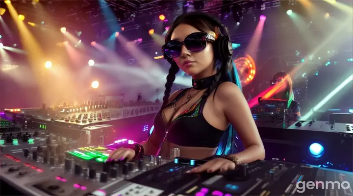 Music concert. Female DJ on stage. Slender woman with larger than usual bust, wearing steampunk sunglasses, standing near DJ mixing console and electric piano in club. Direct laser beams of bright colors against large TV screens.