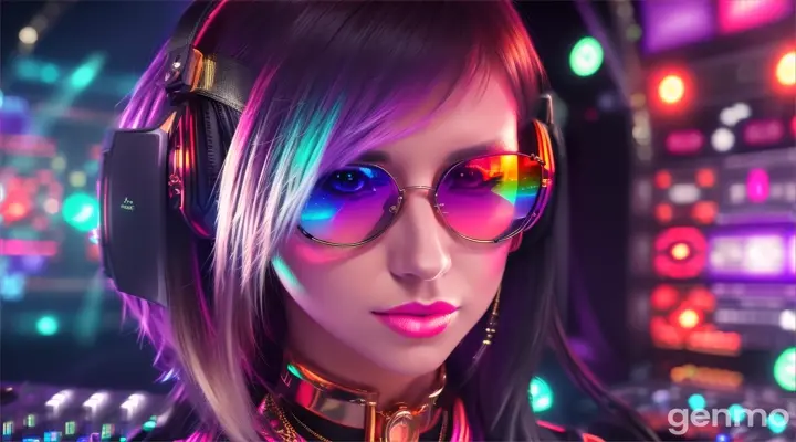 Music concert. Female DJ on stage. Slender woman with larger than usual bust, wearing steampunk sunglasses, standing near DJ mixing console and electric piano in club. Direct laser beams of bright colors against large TV screens.