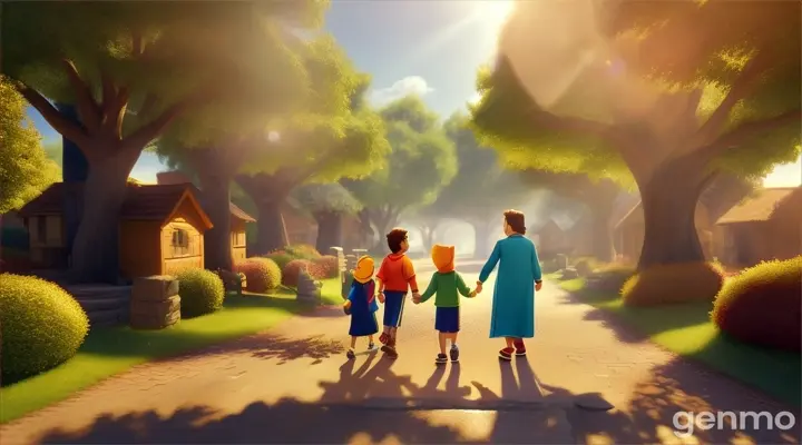 In 3D animation style'Ali walking through the village, where children look up to him as a hero, following him with admiration.