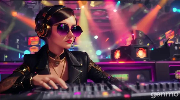 Music concert. Female DJ on stage. Slender woman with larger than usual bust, wearing steampunk sunglasses, standing near DJ mixing console and electric piano in club. Direct laser beams of bright colors against large TV screens.