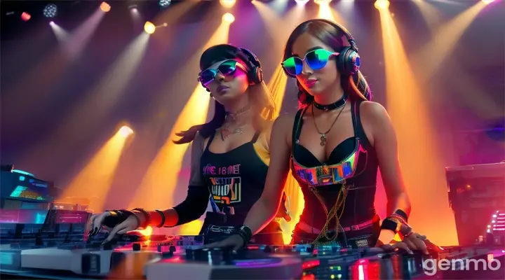 Music concert. Female DJ on stage. Slender woman with larger than usual bust, wearing steampunk sunglasses, standing near DJ mixing console and electric piano in club. Direct laser beams of bright colors against large TV screens.