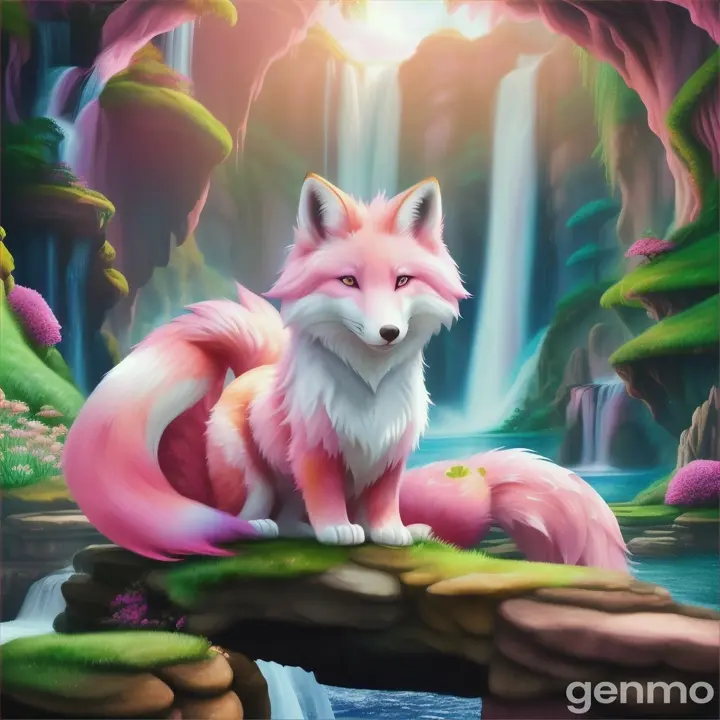 A pink fox with a white heart on his forehead on a colourful fantasy