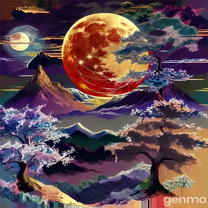 a painting of a full moon over a mountain