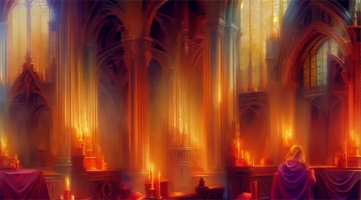 a painting of a gothic interior with candles