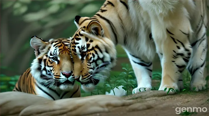 Scène 1 : La Rencontre avec les Tigres Blancs Nous commençons par une vue aérienne d'une forêt dense et verdoyante, puis nous nous rapprochons lentement pour découvrir une famille de tigres blancs. Présentez les membres de la famille : le père, la mère, et leurs trois adorables petits tigres. Chaque tigre a une personnalité unique, et vous nous les introduisez avec des scènes montrant leur comportement et leur caractère.
