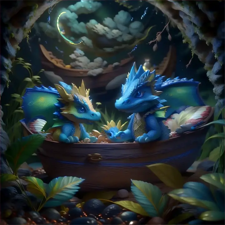 two blue dragon figurines sitting in a boat