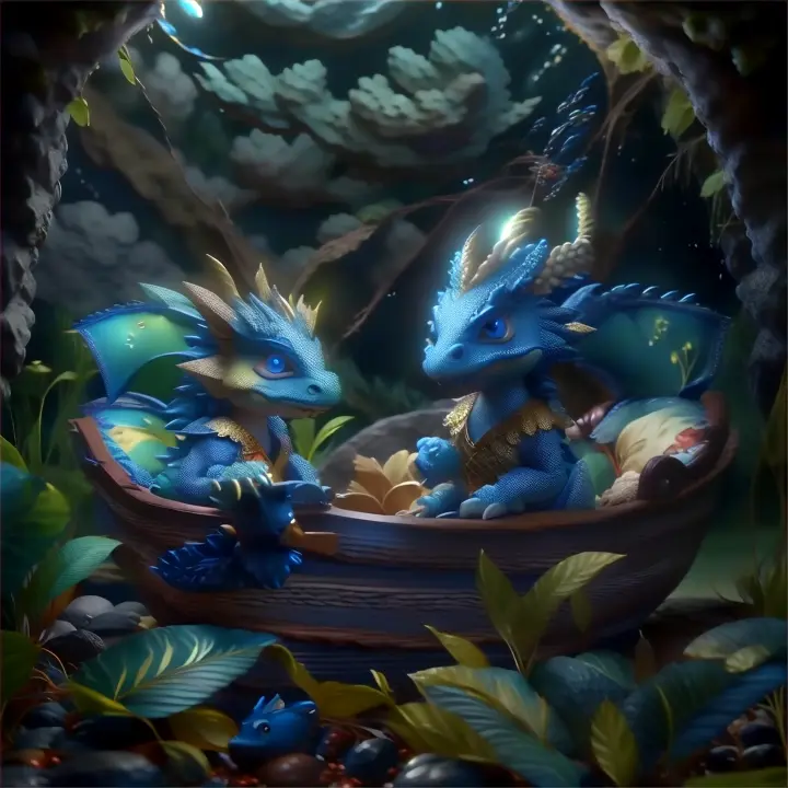 two blue dragon figurines sitting in a boat