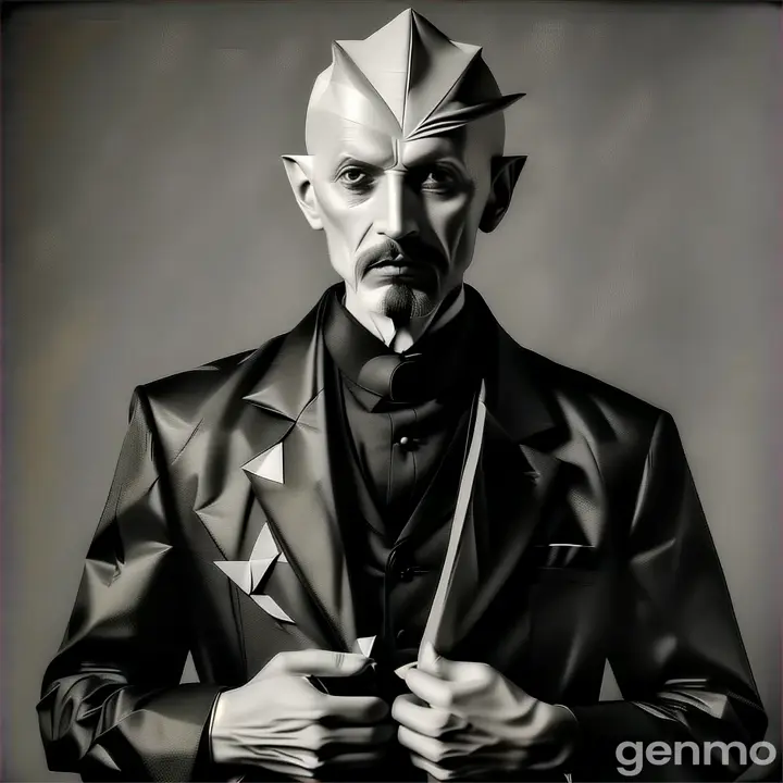 a black and white photo of a man in a suit with paper origami face