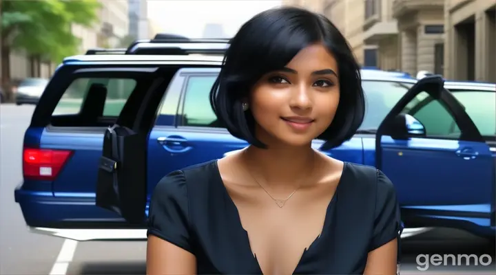in the city, a smiling young woman with Straight Bob Cut Black Hair in dark blue long dress  carrying a black handbag standing in front of blue SUV car holding a cell phone talking to someone