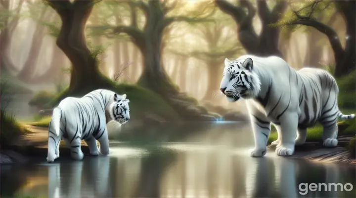 White tigers drinking from a sparkling river in a mystical forest. Use soft focus and light music