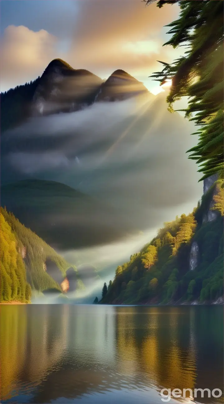 a high quality professional photo of a picturesque (пейзаж) nature landscape, greenery, mountains, trees, tranquility, natural beauty, serene, scenic, wide shot, landscape photography, vibrant colors, realistic, outdoors, peaceful, ferns, wildlife, sunrise/sunset, breathtaking view