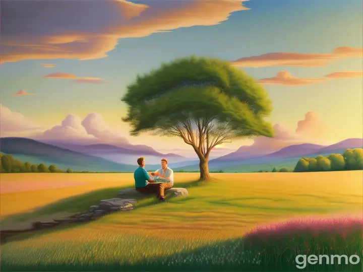 A charming countryside scene where a father and son share a sugary snack, surrounded by lush green fields and wildflowers