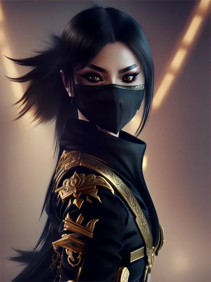 Kunoichi ninja in a dark, gothic city wearing a beautiful mask, black attire, and gold jewelry