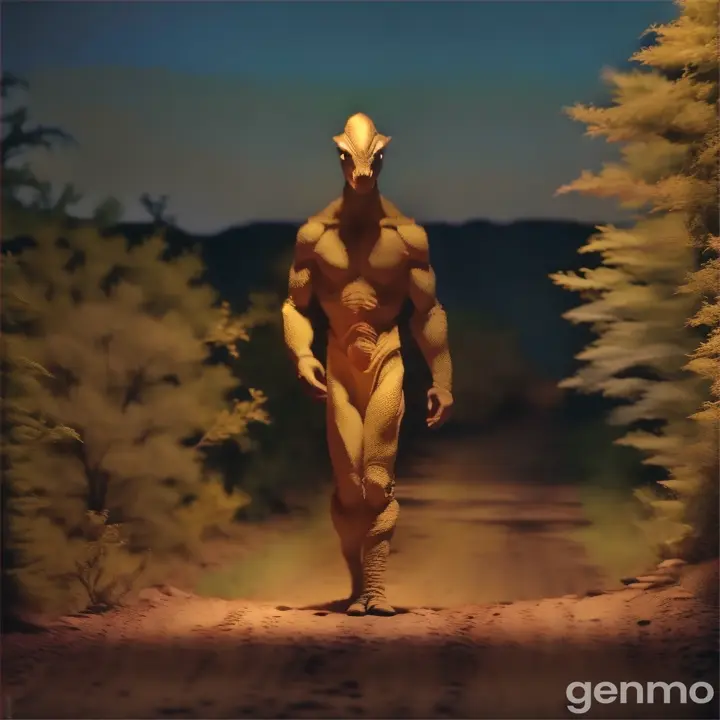 fotorealistic movie of a Alien walking down a dirt road