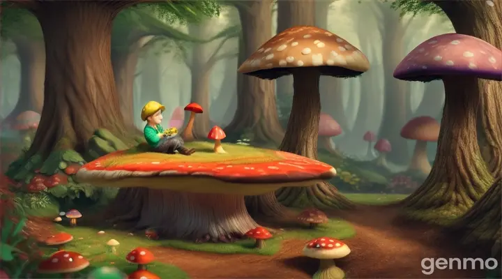 A whimsical scene with a little boy sitting on a toadstool in a vibrant, mushroom-filled forest, feeding a cute woodland creature from the palm of his hand while munching on a sugary snack.”Cute little kid laughing and eating sugar with his father