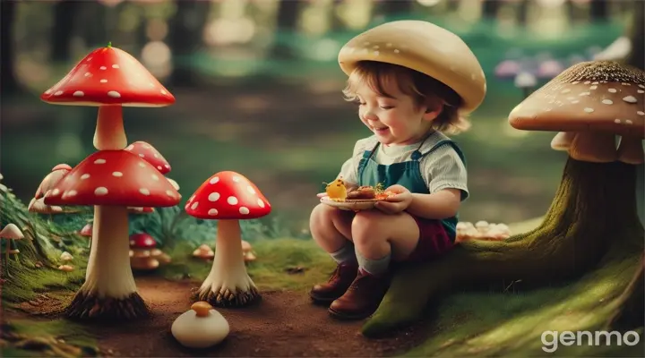 A whimsical scene with a little boy sitting on a toadstool in a vibrant, mushroom-filled forest, feeding a cute woodland creature from the palm of his hand while munching on a sugary snack.”Cute little kid laughing and eating sugar with his father