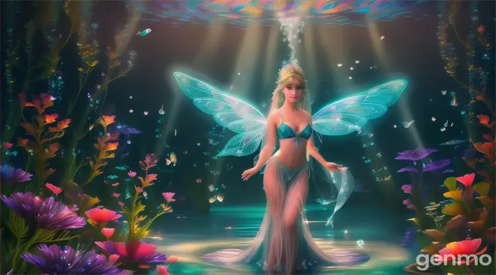 "A magical underwater garden filled with glowing, bioluminescent flowers and plants. A beautiful fairy with delicate, translucent wings swims gracefully through the garden, her wings trailing streams of sparkling light. The fairy’s long hair flows freely around her, glowing softly under the ethereal light of the underwater world. Schools of colorful, luminous fish dart through the scene, adding to the vibrant beauty of the garden. The water is clear and calm, with light filtering down from above, creating an otherworldly, serene atmosphere."

Hyperreal, Photorealistic, Hyper-detailed, Cinematic, 16:9, Ultra 8K, Hyper-detailed