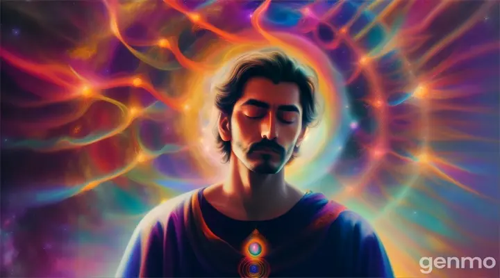 Mystical man in the middle of the universe Astral body, halo, deep meditation, Etéric atmosphere, Aurico