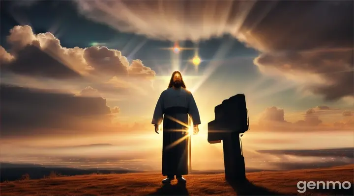 (best quality,4k,8k,highres,masterpiece:1.2),ultra-detailed,realistic, HDR, (saintly man,holiness:1.1),(clouds:1.1),(silhouette, backlit),(illuminating,glaring:1.1),Jesus Christ's divine appearance, (powerful vision,visionary),(glorious manifestation:1.1), vibrant colors, soft halo lighting