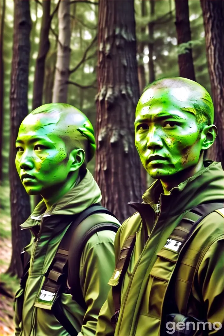 two people with green paint on their faces in the woods