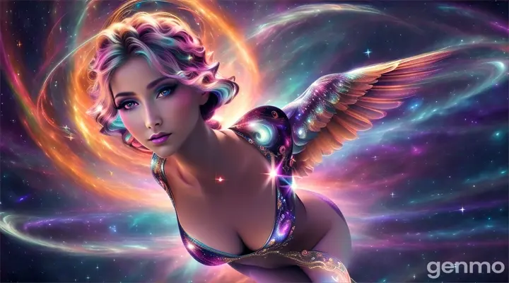 The Beauty Angel flying past a massive, swirling galaxy, her divine lights blending with the cosmic colors - The swirling colors of the galaxy complement her radiant form, creating a mesmerizing scene of celestial beauty. Hyper real, Photo realistic, Hyper-detailed, cinematic, 16:9, Ultra 8K, Hyper-detailed.