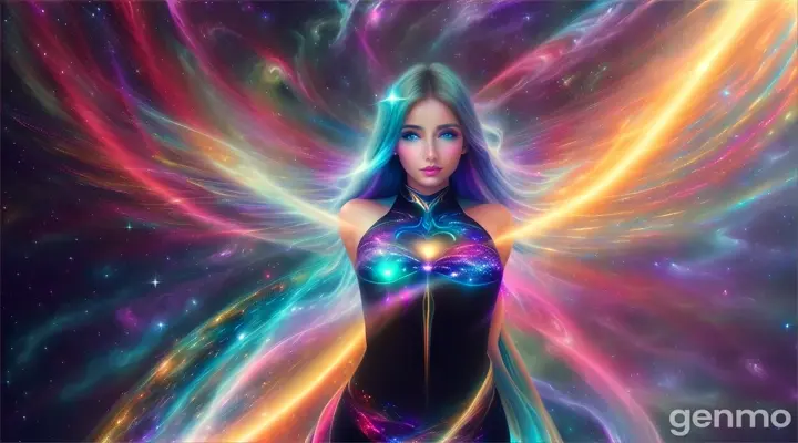 The Beauty Angel flying past a massive, swirling galaxy, her divine lights blending with the cosmic colors - The swirling colors of the galaxy complement her radiant form, creating a mesmerizing scene of celestial beauty. Hyper real, Photo realistic, Hyper-detailed, cinematic, 16:9, Ultra 8K, Hyper-detailed.