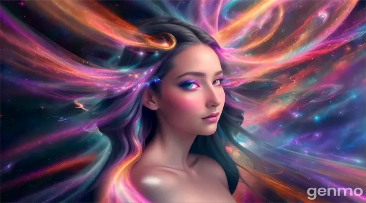 The Beauty Angel flying past a massive, swirling galaxy, her divine lights blending with the cosmic colors - The swirling colors of the galaxy complement her radiant form, creating a mesmerizing scene of celestial beauty. Hyper real, Photo realistic, Hyper-detailed, cinematic, 16:9, Ultra 8K, Hyper-detailed.