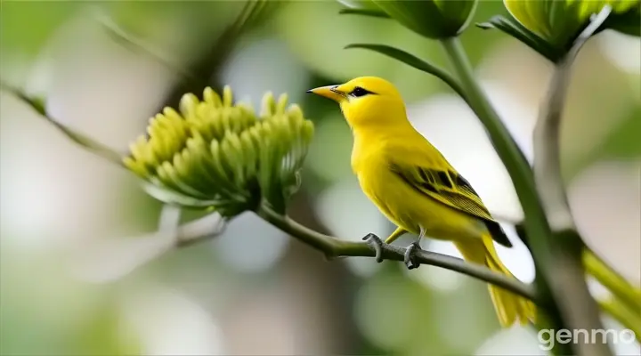 a small yellow bird perched on a green plant