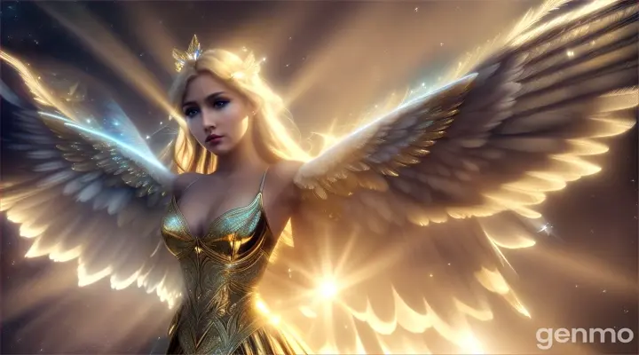 A dramatic shot of the Beauty Angel descending from above, her wings enveloped in a brilliant light that illuminates the stars around her - The light from her wings radiates outward, creating a powerful visual effect against the dark backdrop of space. Hyper real, Photo realistic, Hyper-detailed, cinematic, 16:9, Ultra 8K, Hyper-detailed.