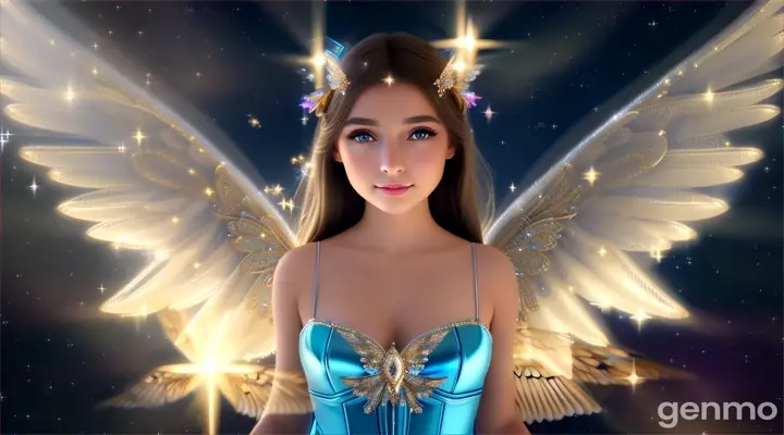 The Beauty Angel hovering near a cluster of bright stars, her wings flapping gently as she bathes in their light - The stars seem to respond to her presence, their brightness intensifying as they reflect off her glowing wings. Hyper real, Photo realistic, Hyper-detailed, cinematic, 16:9, Ultra 8K, Hyper-detailed.