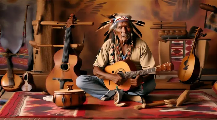 a native american man sitting on the ground with some musical instruments