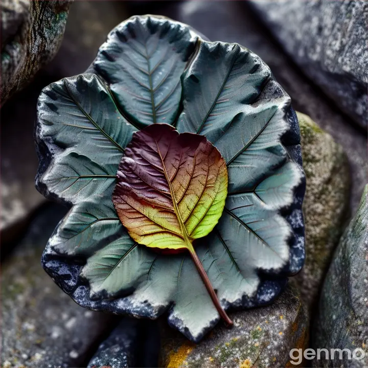 a close up of a rock and leaf design