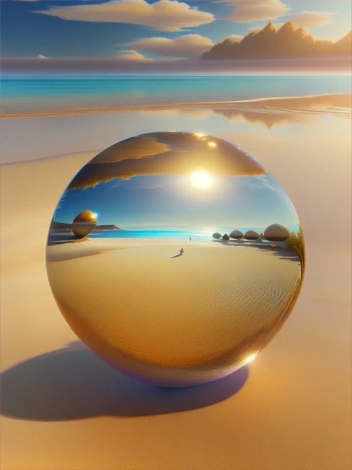 An enchanting scene featuring a glossy glass ball resting atop a sandy beach, reflecting a mind-bending mirror world. The glass sphere captures intricate 3D reflections of the surrounding surrealistic landscape, showcasing vibrant colors and dreamlike elements. The beach is adorned with soft, golden sand, while gentle waves lap at the shore, creating a serene atmosphere. The translucent sphere glimmers under the sunlight, enhancing the beautiful composition. In the background, a surreal 3D virtual landscape unfolds, filled with whimsical shapes and fantastical elements, all rendered in stunning 8K resolution. The reflections within the glass ball reveal a realistic portrayal of this surreal environment, inviting viewers into a captivating digital artwork that blends realism with imaginative creativity.