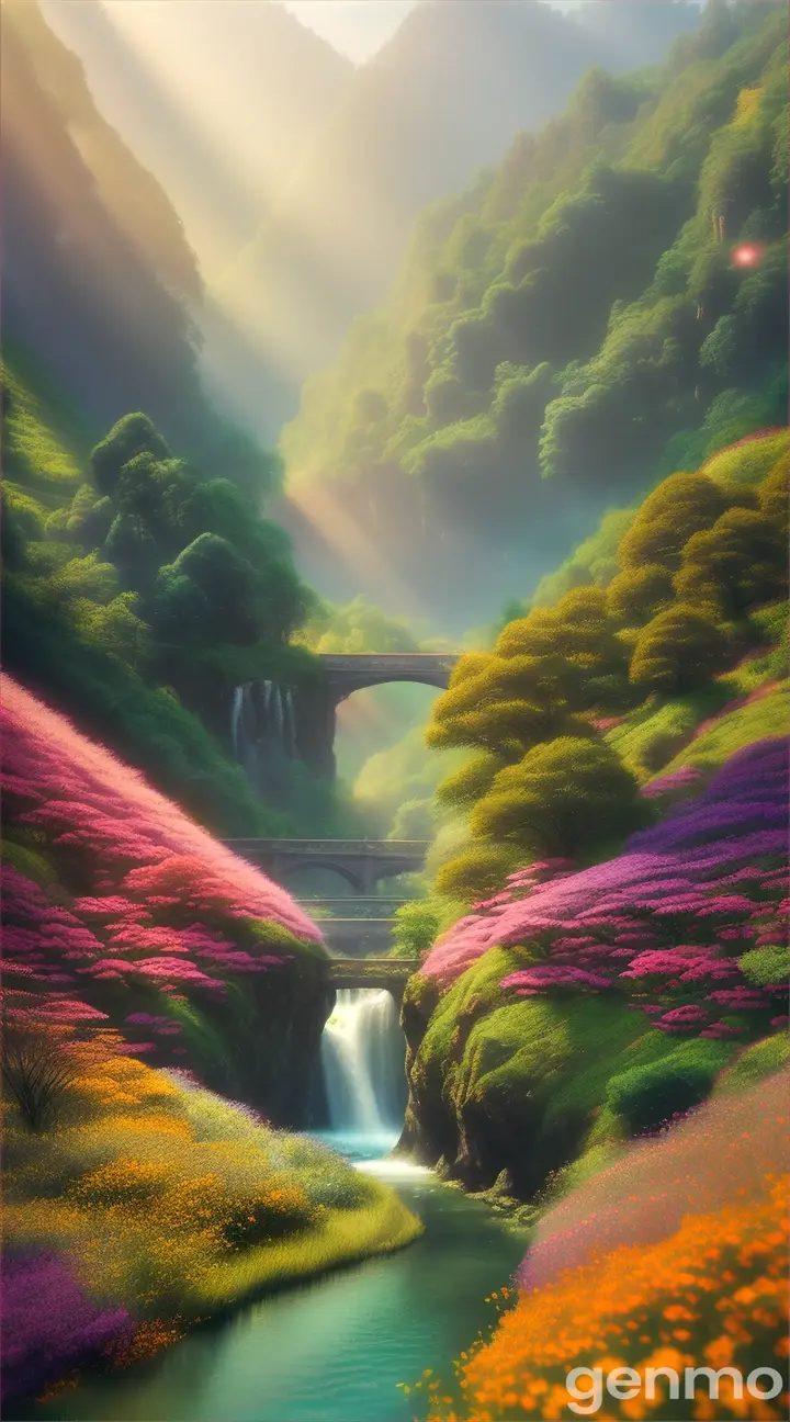 A magical landscape, with a softly flowing stream winding through a valley of wildflowers and lush trees