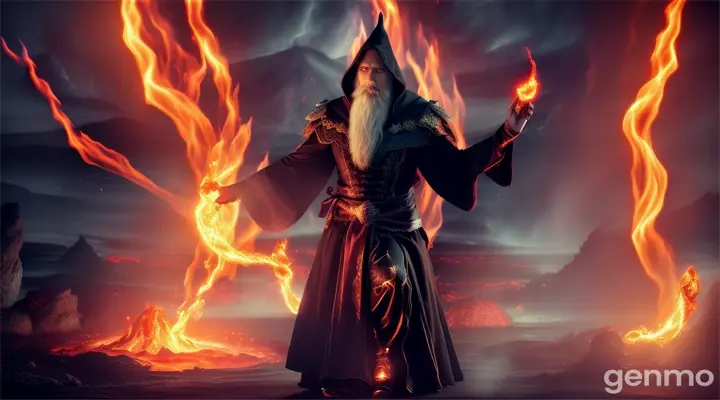 A dark mage primal wizard dancing near a volcanic eruption, with lava and energy surrounding them