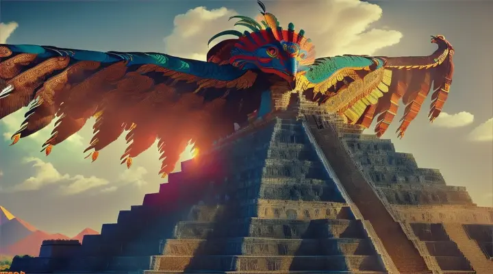  create a video depicting the awe-inspiring arrival of quetzalcóatl, the mythical feathered serpent deity, as it descends from the sky and lands on ancient mexican pyramids, advertising style