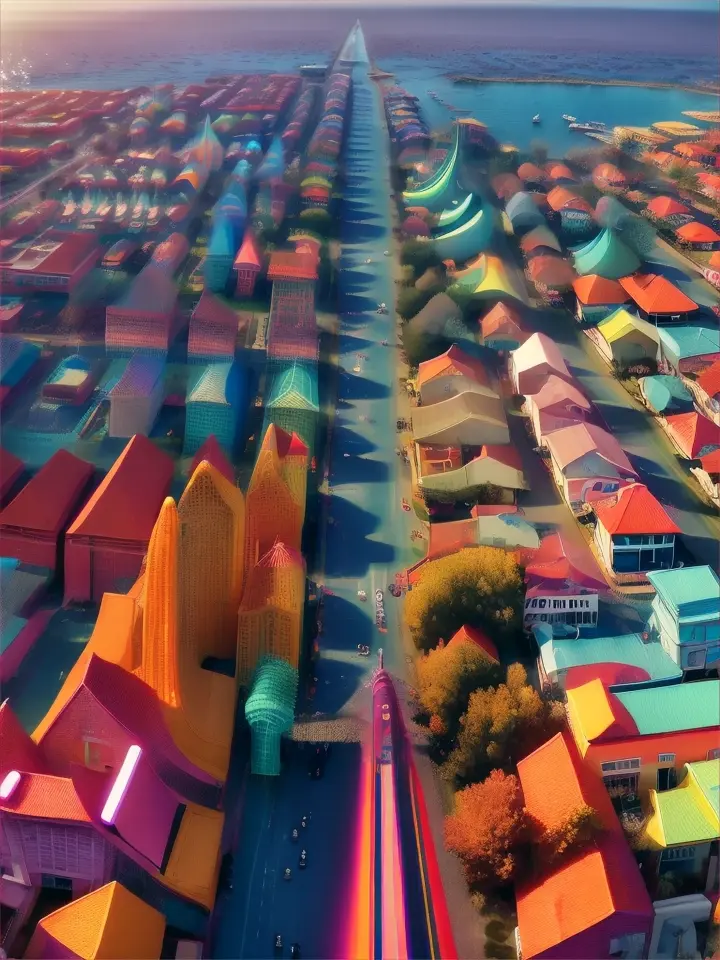   of a first-person view (fpv) flight through a vibrant underwater suburban neighborhood, with coral-lined streets displaying a spectrum of colors, advertising style