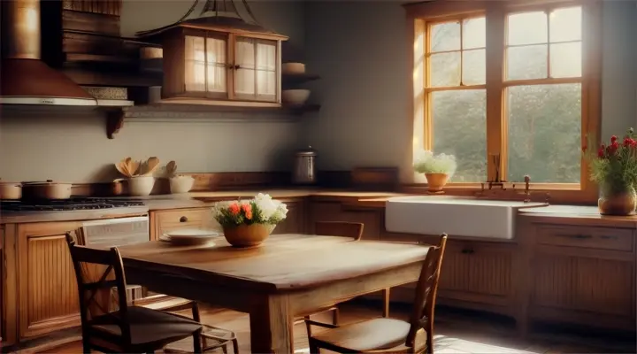 panning across a cozy kitchen with a wooden table and chairs