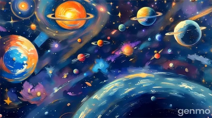 a painting of a solar system with planets and stars