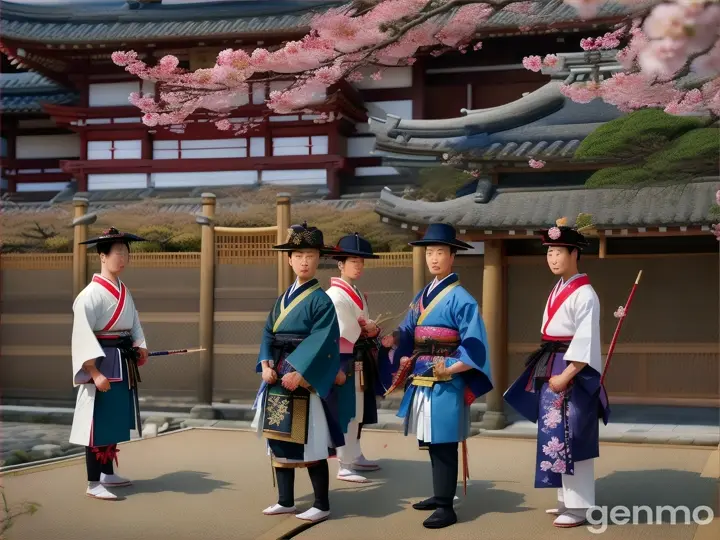 A group of Japanese guards around the house of the bamboo cutter's daughter