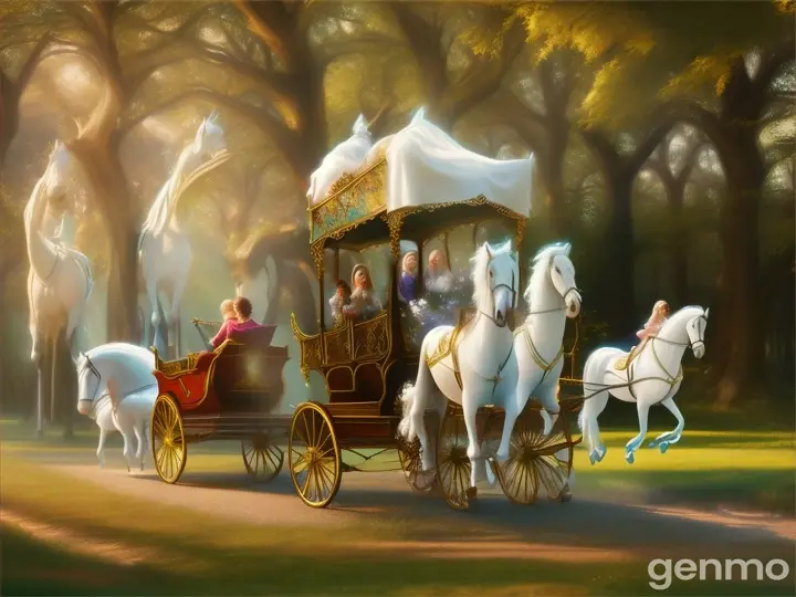 A beautiful flying carriage driven by horses and surrounded by little fairies