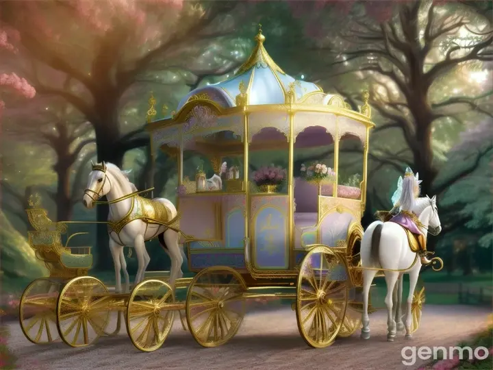 A beautiful carriage driven by horses and surrounded by little fairies